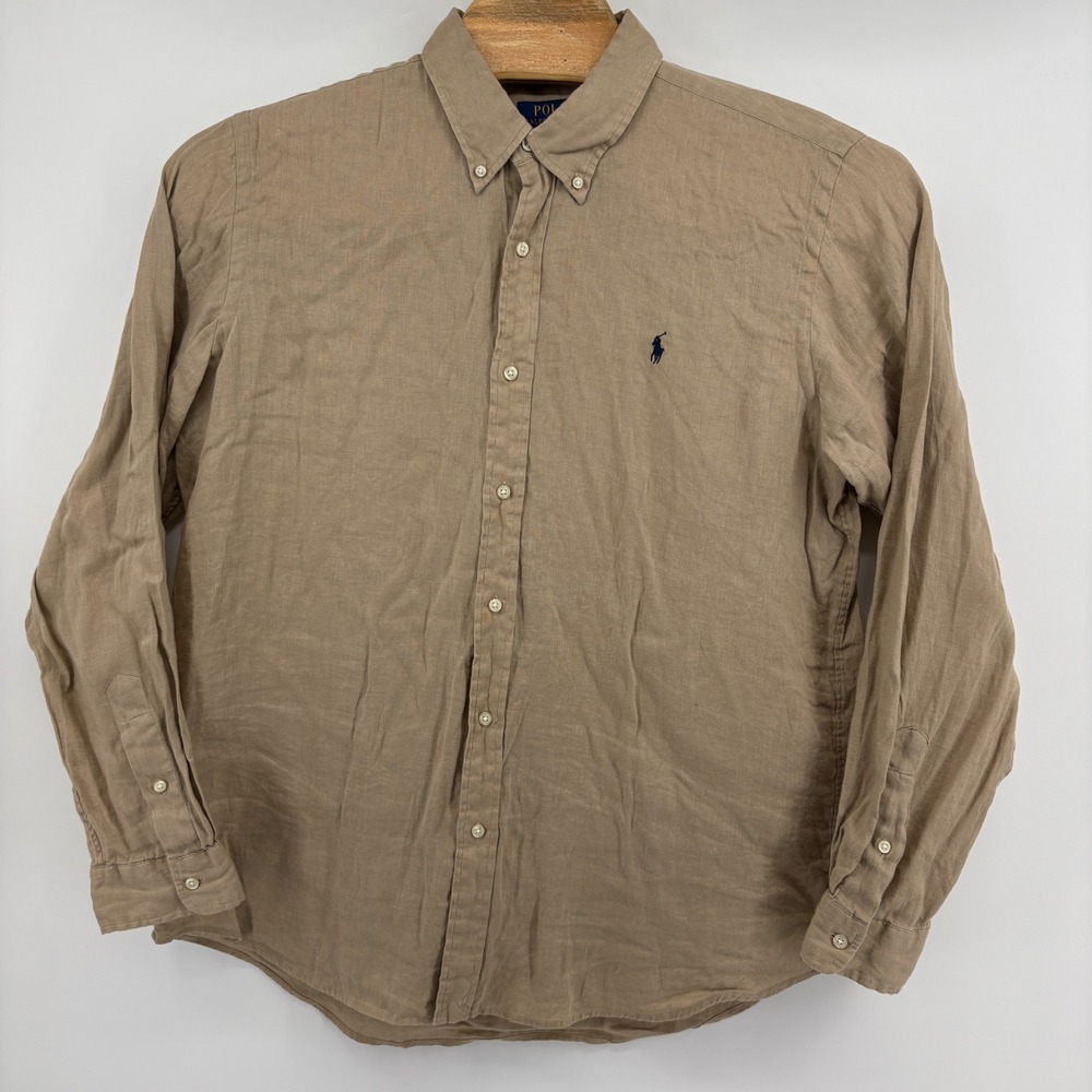 Polo Ralph Lauren Linen Shirt Mens XL Tan Excellent Classic Fit Long Sleeve